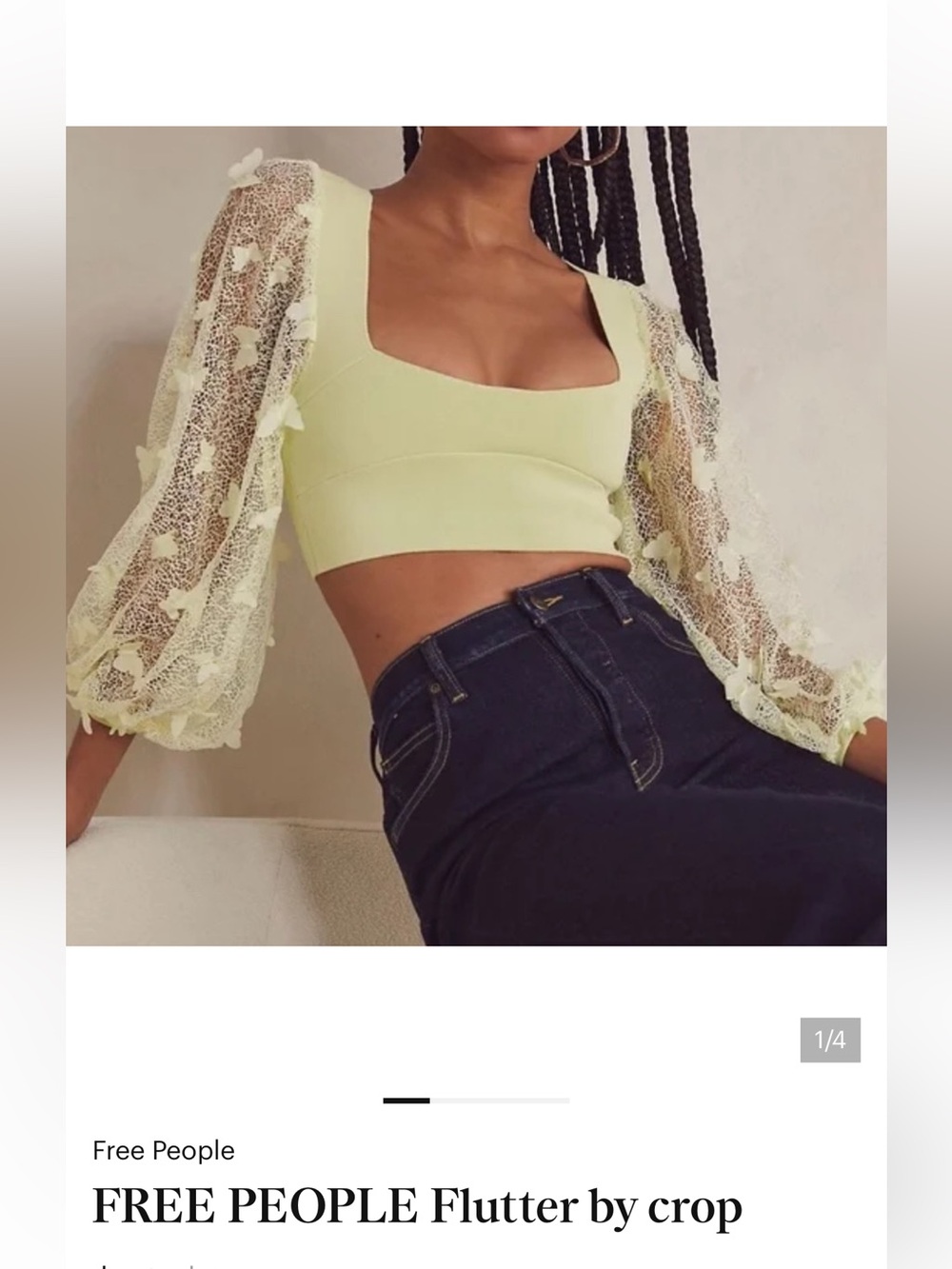 Free People Sheer Flutter Sleeve Crop Top in Pale Yellow/ stunning like new Sz.M